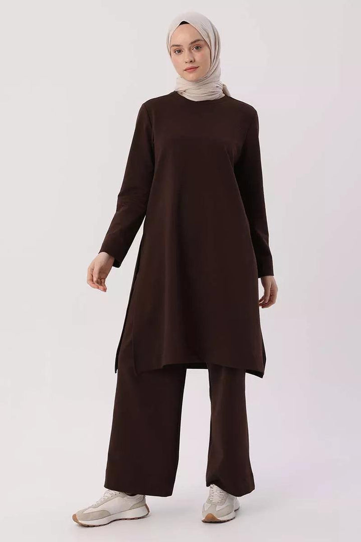 Slit Side Blouse and Pants Outfit Set - Dark Brown - modestanbul