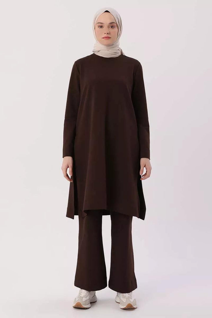 Slit Side Blouse and Pants Outfit Set - Dark Brown - modestanbul