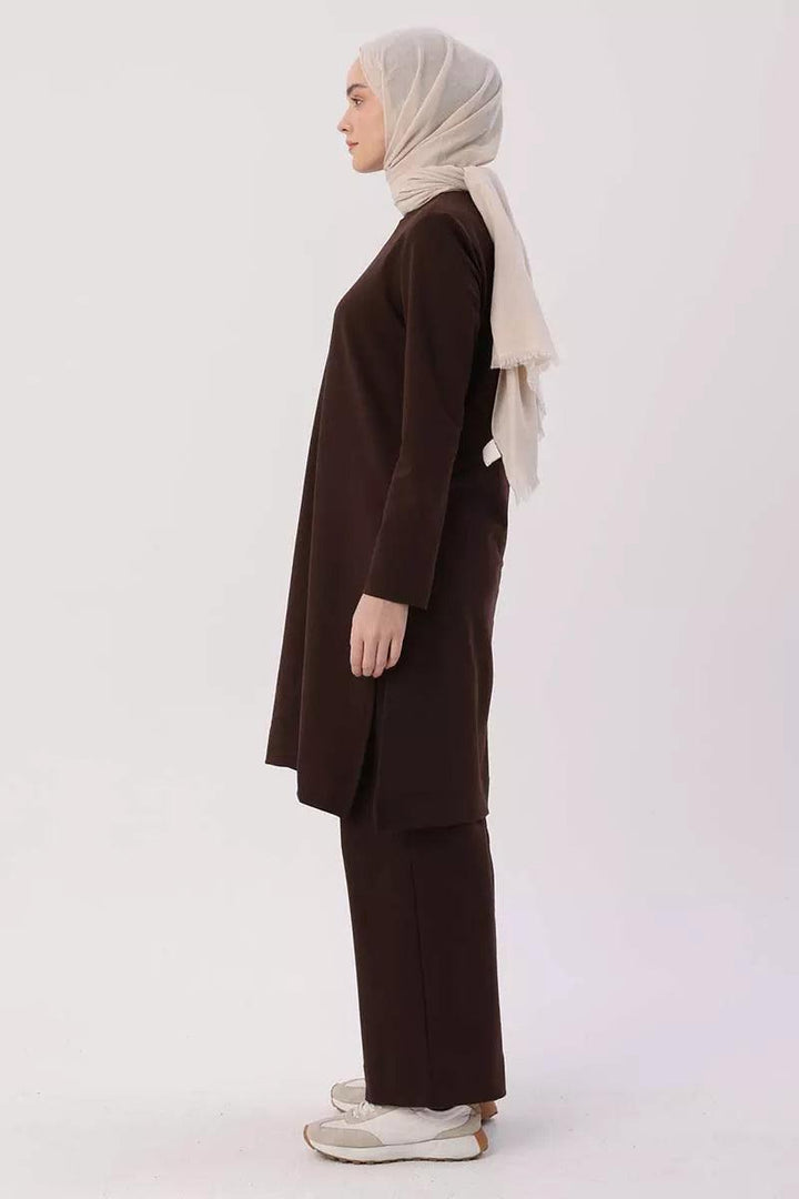 Slit Side Blouse and Pants Outfit Set - Dark Brown - modestanbul