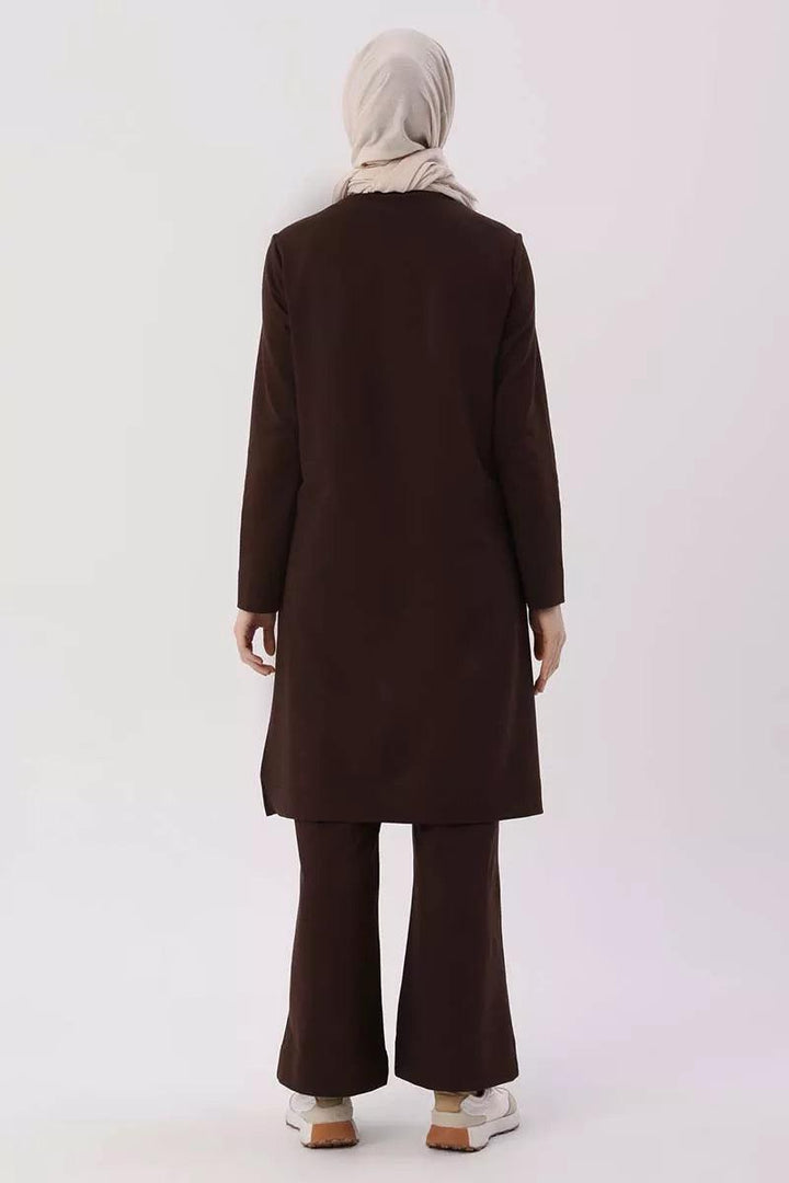 Slit Side Blouse and Pants Outfit Set - Dark Brown - modestanbul