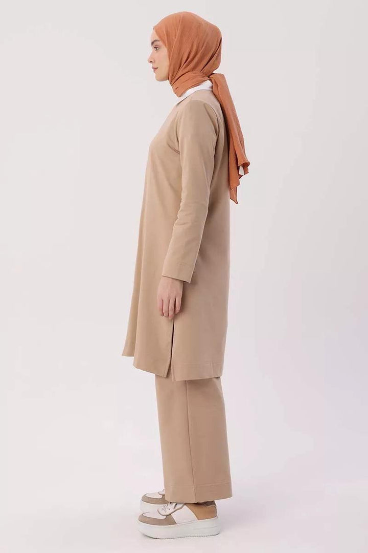 Slit Side Blouse and Pants Outfit Set - Beige - modestanbul