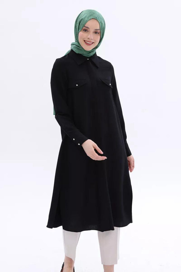 Long Slit Linen Shirt Tunic - Black - modestanbul