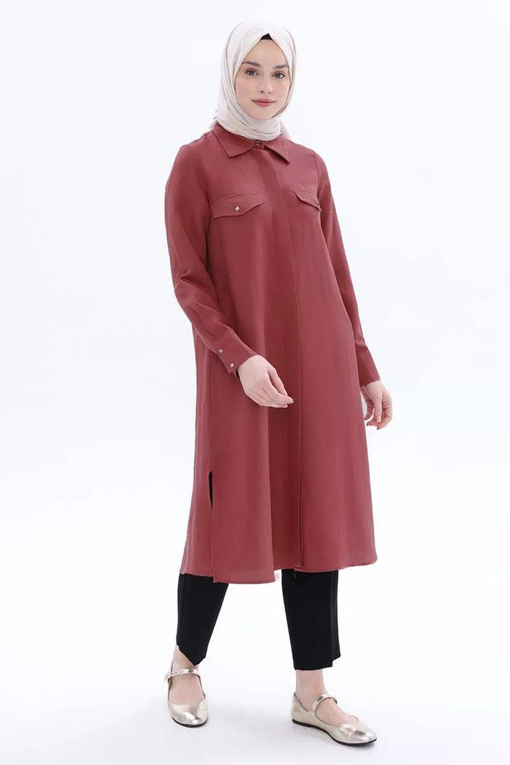 Long Slit Linen Shirt Tunic - Rose - modestanbul