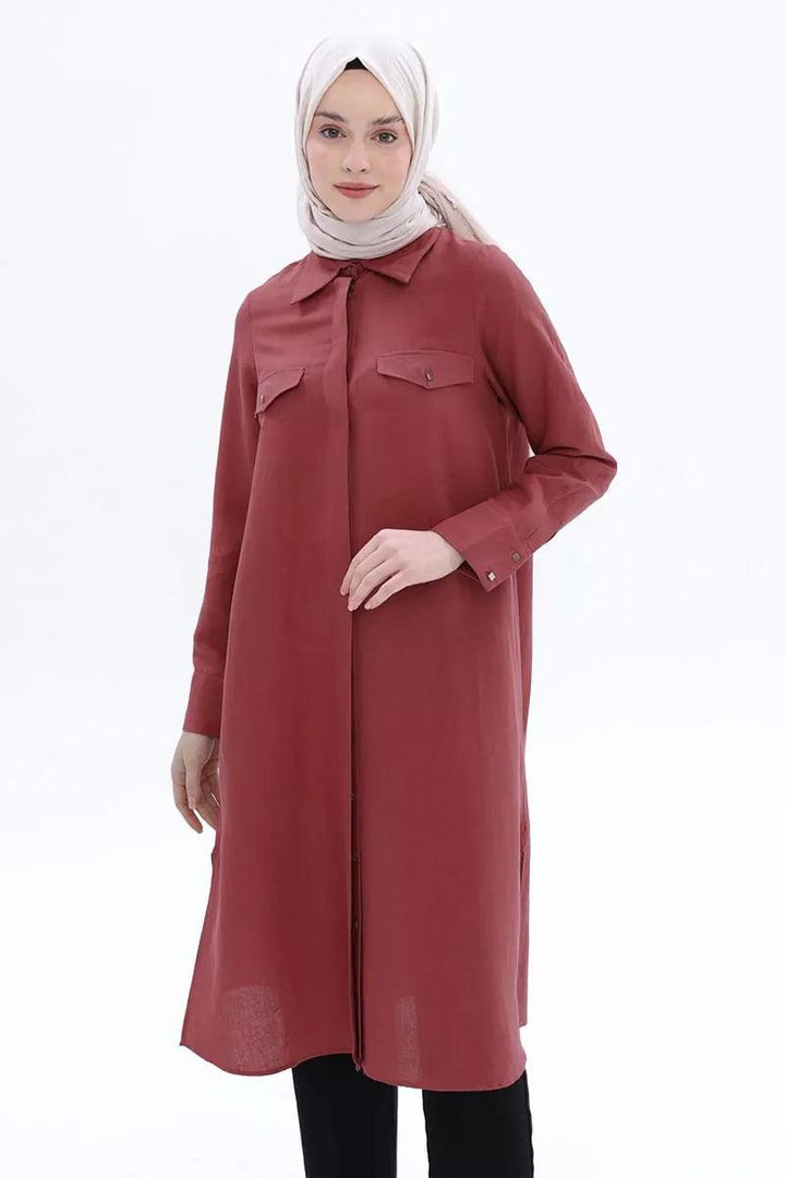 Long Slit Linen Shirt Tunic - Rose - modestanbul