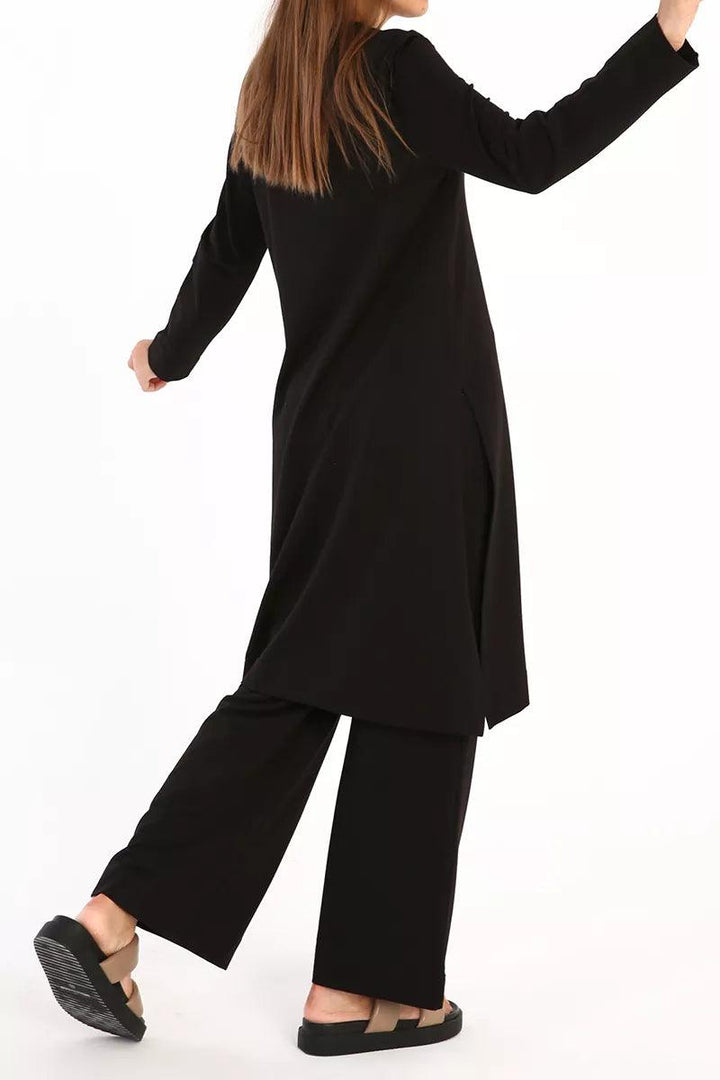 Cotton Basic Pants and Slit Detailed Blouse Set - Black - modestanbul