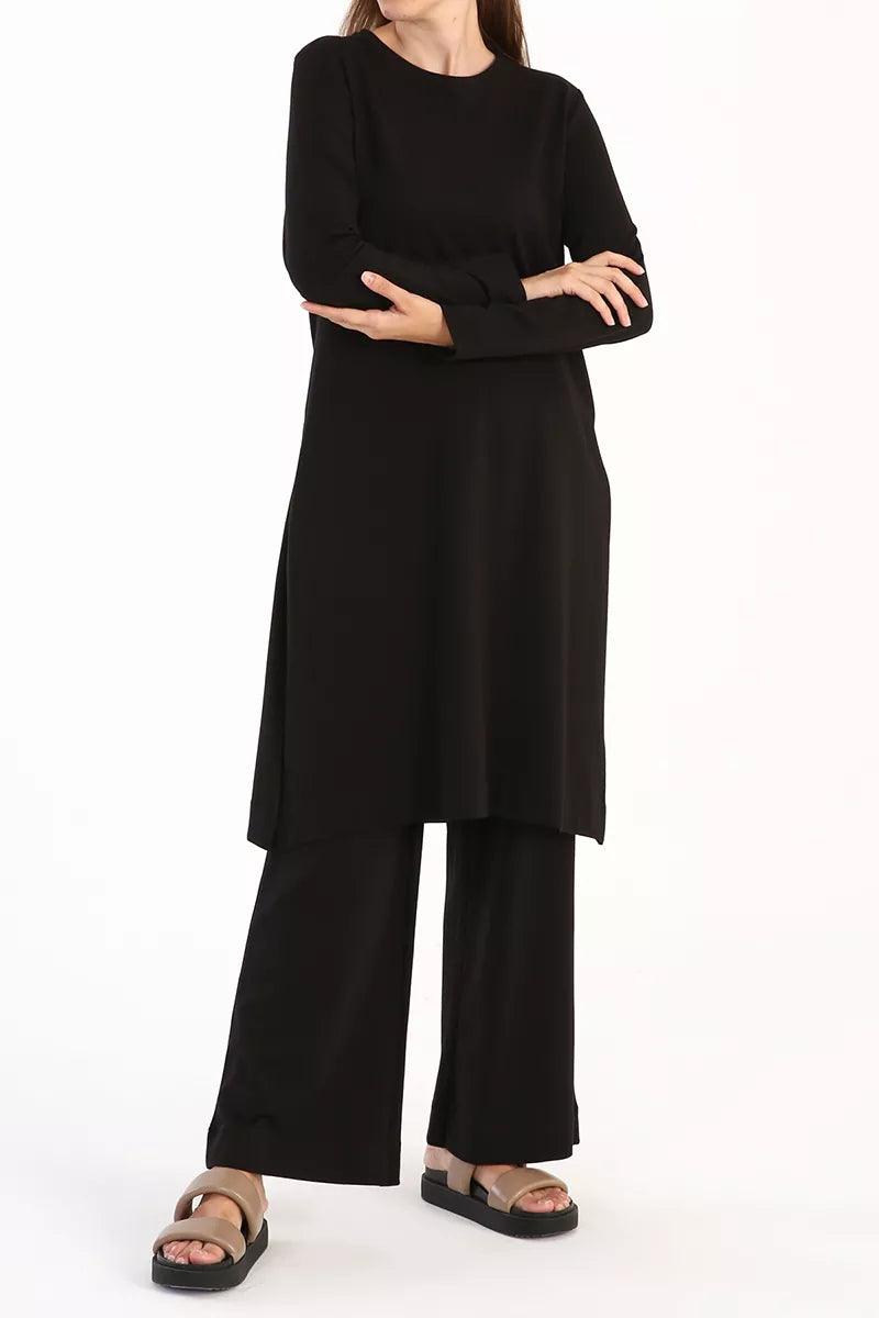 Cotton Basic Pants and Slit Detailed Blouse Set - Black - modestanbul