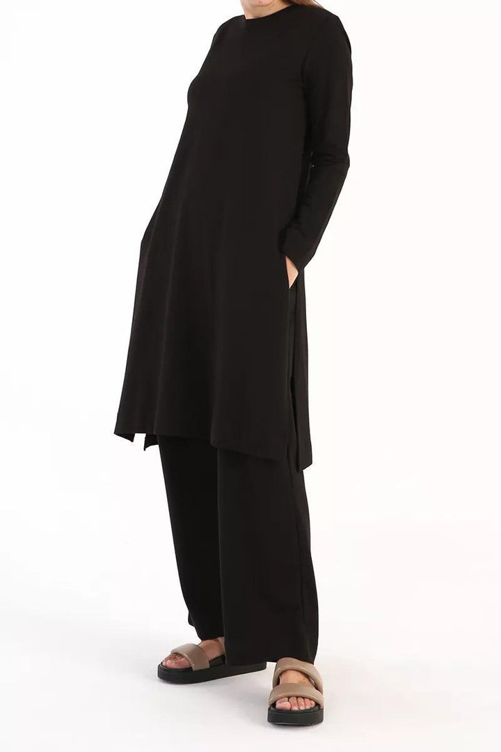 Cotton Basic Pants and Slit Detailed Blouse Set - Black - modestanbul