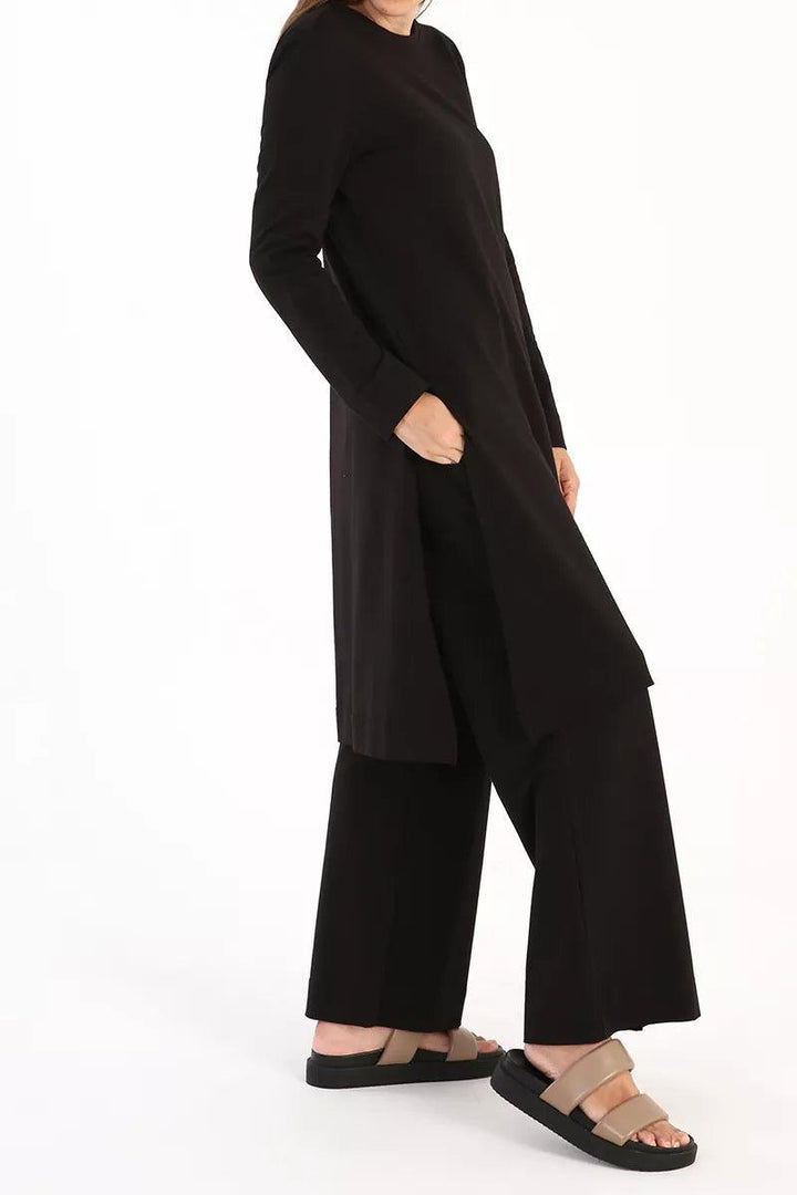 Cotton Basic Pants and Slit Detailed Blouse Set - Black - modestanbul