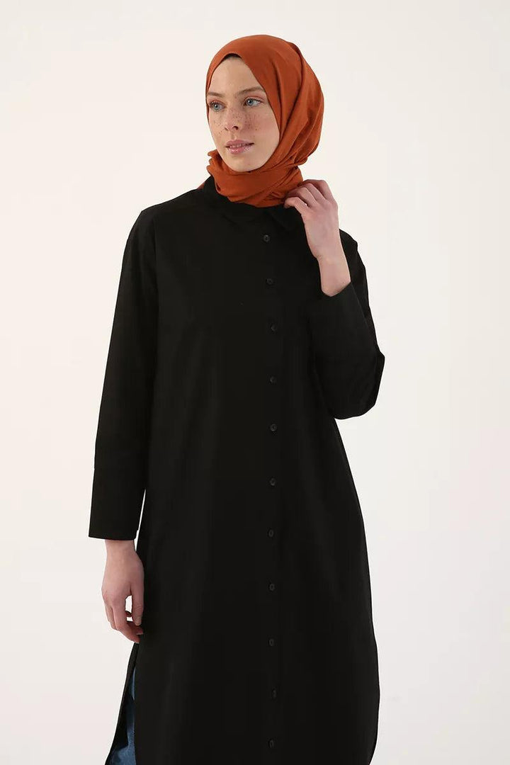 Cotton Slit Long Tunic - Black - modestanbul