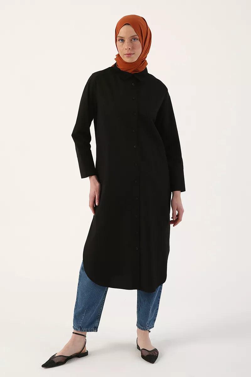 Cotton Slit Long Tunic - Black - modestanbul