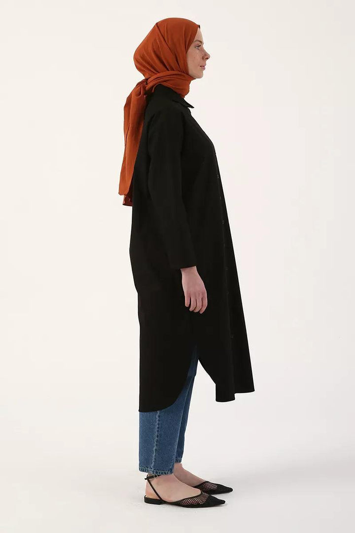 Cotton Slit Long Tunic - Black - modestanbul