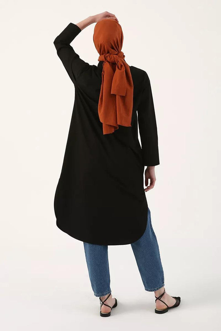 Cotton Slit Long Tunic - Black - modestanbul