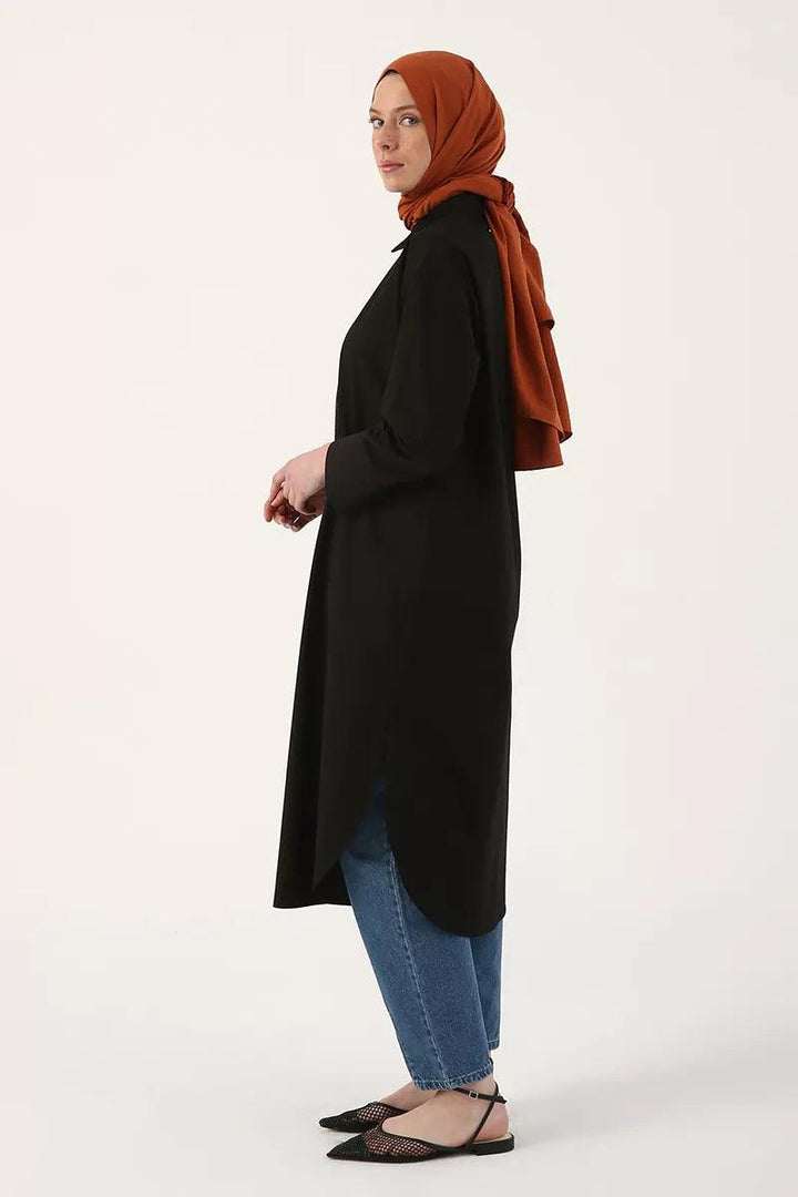 Cotton Slit Long Tunic - Black - modestanbul