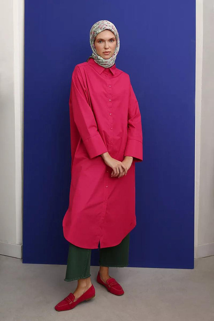 Cotton Slit Long Tunic - Dark Pink - modestanbul