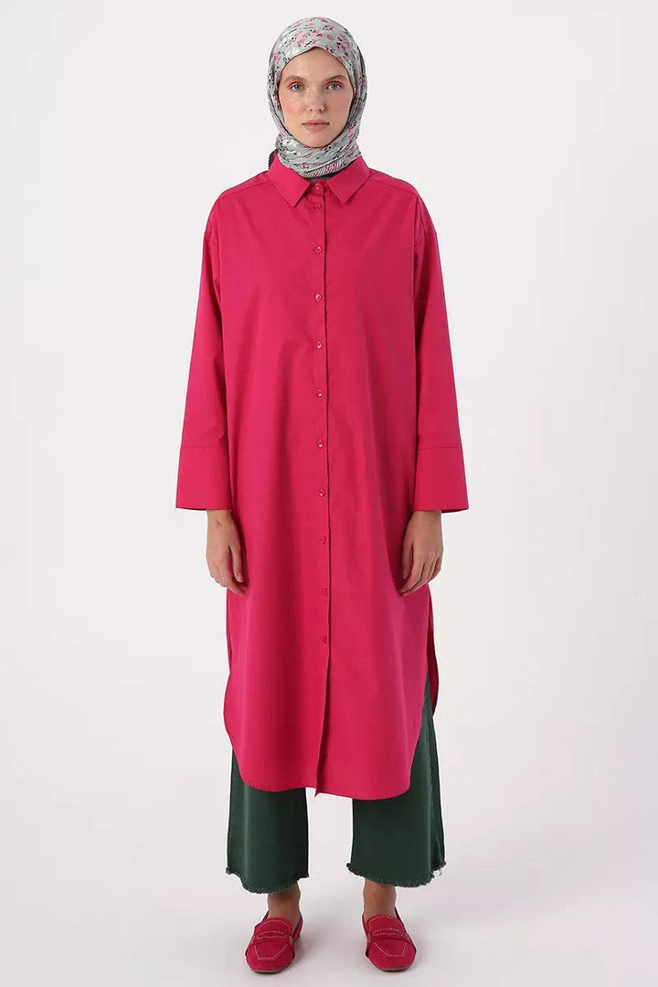 Cotton Slit Long Tunic - Dark Pink - modestanbul