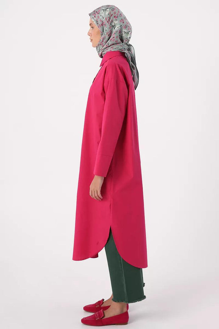 Cotton Slit Long Tunic - Dark Pink - modestanbul