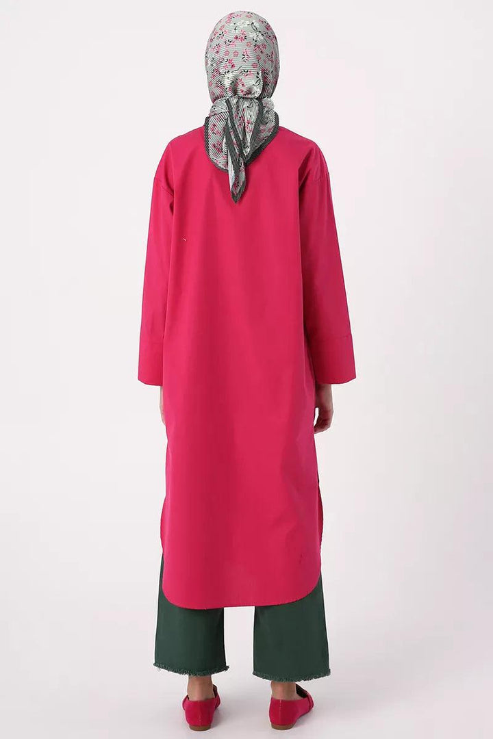 Cotton Slit Long Tunic - Dark Pink - modestanbul