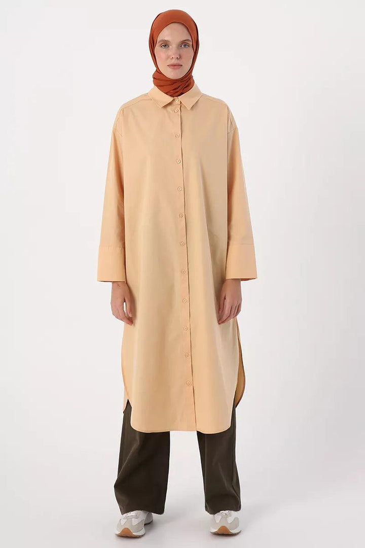 Cotton Slit Long Tunic - Beige - modestanbul