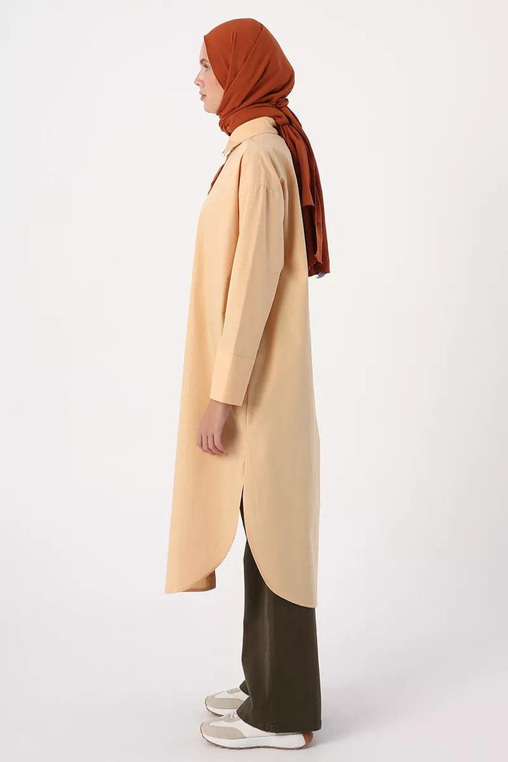 Cotton Slit Long Tunic - Beige - modestanbul