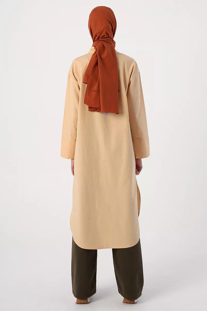 Cotton Slit Long Tunic - Beige - modestanbul